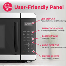Black microwave oven control panel with LED display, auto cook menu buttons, keypad