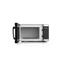 Microwave oven with door open, showing gray interior cavity and control panel