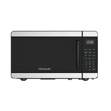 Black countertop microwave oven with digital display and keypad, front view