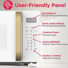 Microwave control panel close-up with LED display and auto cook menu settings