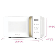 Countertop microwave with white door, gold side handle, and control panel keypad