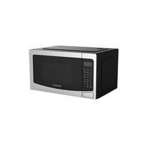 Frigidaire countertop microwave oven, black and stainless, angled front view