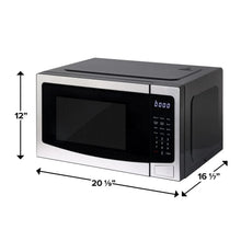 Countertop microwave oven in silver and black, front view with right-side controls and vent top