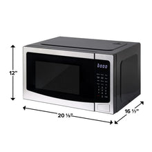 Frigidaire countertop microwave oven, stainless and black, side view with size arrows