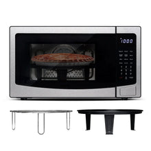 Countertop microwave oven with mesh basket cooking chamber and included air fryer tray