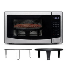 Frigidaire countertop microwave oven with air-fry basket and grilling tray, stainless and black
