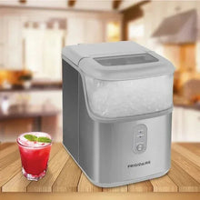 Stainless countertop nugget ice maker with open bin and front control panel