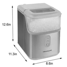 Stainless ice maker with front control, size labels on dimensions