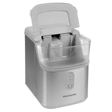 Stainless ice maker with open bin showing ice basket and scoop area