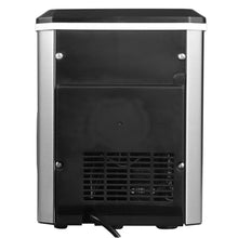 Stainless steel ice maker front with ventilation vents and drip tray