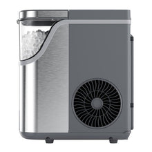 Frigidaire nugget ice maker side view, stainless body with front circular fan vent