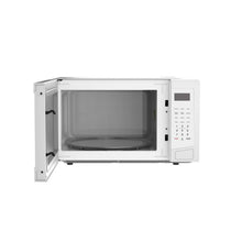 Frigidaire microwave, white open door with keypad and empty interior cavity