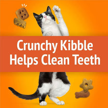 Cat treat package promoting crunchy kibble that helps clean teeth, with cat and shaped bites