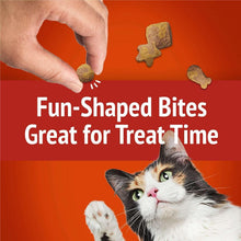Cat treat package promoting fun-shaped bites great for treat time, with cat reaching up