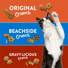 Cat treat flavor package showing Original Crunch, Beachside Crunch, and Gravy-Licious Crunch