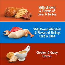 Flavor lineup panel for cat treats: With Chicken, Ocean Whitefish, and Chicken & Gravy flavors