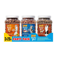 Party pack tray with three 20 oz Friskies Party Mix jars: Original, Beachside, Gravy-Licious