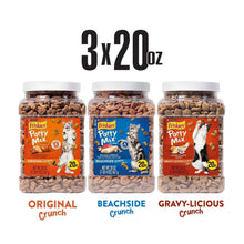 Three jars of Friskies Party Mix cat treats, 3 x 20 oz Original, Beachside, Gravy-Licious