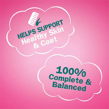 Cat food badge: helps support healthy skin & coat, 100% complete & balanced