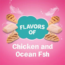 Cat food flavors: chicken and ocean fish with kibble icons