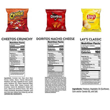 Three chip bags: Cheetos Crunchy, Doritos Nacho Cheese, Lay's Classic with nutrition facts