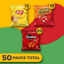 50-pack assortment showing Lay's Classic, Cheetos Crunchy, and Doritos Nacho Cheese packages