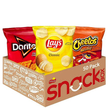 Snack box with Doritos, Lay's Classic, and Cheetos Crunchy chip bags, 50-pack