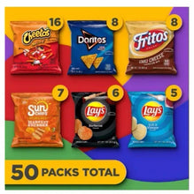 Assorted chip bags: Cheetos, Doritos, Fritos, Sun Chips, Lay’s, 50-pack