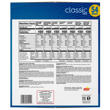Snack variety pack box back panel with nutrition facts label and barcode