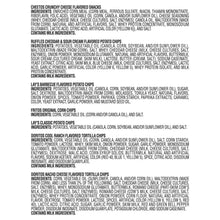 Snack variety pack box back panel with ingredients text