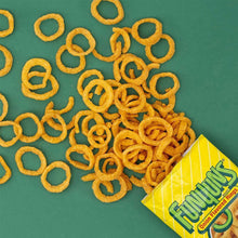 Funyuns onion-flavored snack rings with Funyuns bag in the corner