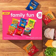 Family Fun snack mix variety pack display with Cheetos, Doritos, Funyuns, Fritos bags