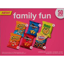 Family Fun snack mix variety pack box front with Cheetos, Doritos, Funyuns, and Fritos bags