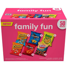 Family Fun snack mix variety pack box with 50 bags featuring Cheetos, Doritos, Fritos