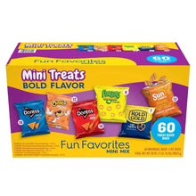Snack variety pack box labeled Mini Treats Bold Flavor, Fun Favorites 60 mini bags