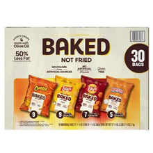 Baked snack variety box front with 30 bags, 'Not fried' label, four flavors