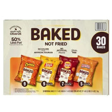 Baked snack box labeled “Baked not fried” with 30 bags and four chip flavors