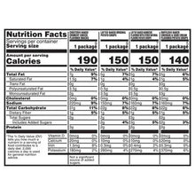 Nutrition Facts panel for baked snack bags, listing servings and calories