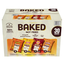 Baked snack variety box with 30 bags and four chip flavors