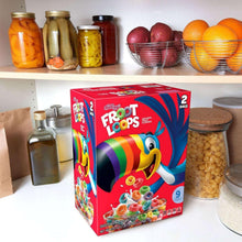 Froot Loops cereal box with rainbow mascot and multicolored loop illustrations