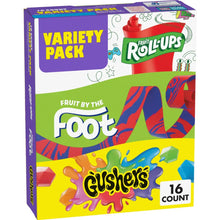 Fruit snack variety pack box with Roll-Ups, Fruit by the Foot, and Gushers, 16 count