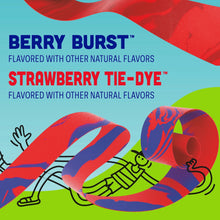 Berry Burst and Strawberry Tie-Dye flavor label on fruit flavored snack roll
