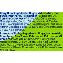 Ingredients list for berry burst and strawberry tie-dye fruit flavored snacks