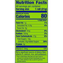 Nutrition facts panel: 1 roll (21 g), 80 calories, vitamin C 9 mg