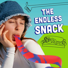 Girl holding a fruit flavored snack roll near her mouth, endless snack concept