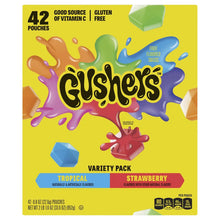 Fruit-flavored snack variety pack, 42 pouches, tropical and strawberry flavors.