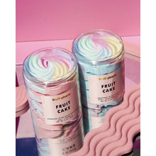 Open whipped shave body butter jars with colorful swirl tops, Fruit Cake