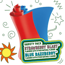Fruit Roll-Ups roll wrappers showing Strawberry Blast and Blue Razzberry Blast