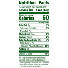 Fruit Roll-Ups Nutrition Facts panel showing 50 calories per roll and sugar info