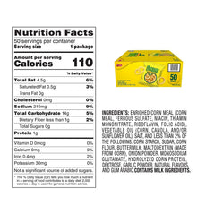 Funyuns onion ring snacks Nutrition Facts panel and 50-bag package